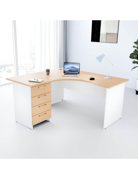 Biurko narożne z kontenerkiem - MB Z4 L/P | Em-Box +, Korpus biały, fronty buk, układ lewostronny
