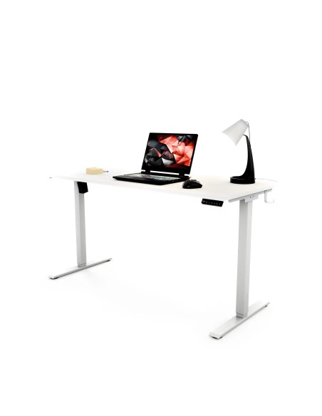 Biurko regulowane Home z dodatkami na biurko, biały blat, biały stelaż, wymiar 136x60 / 136x70