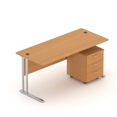 Zestaw mebli biurowych - biurko na stelażu z kontenerkiem mobilnym, 136x70 cm, buk/metalik | MB Z5